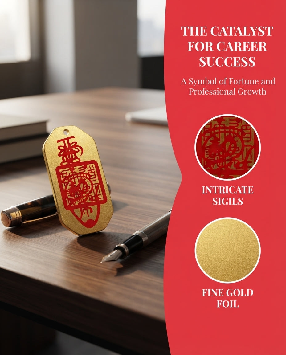 Taoist Career Success Talisman – Gold Foil Charm with Cinnabar, Traditional Chinese Spiritual Symbol for Luck, Focus & Professional Growth