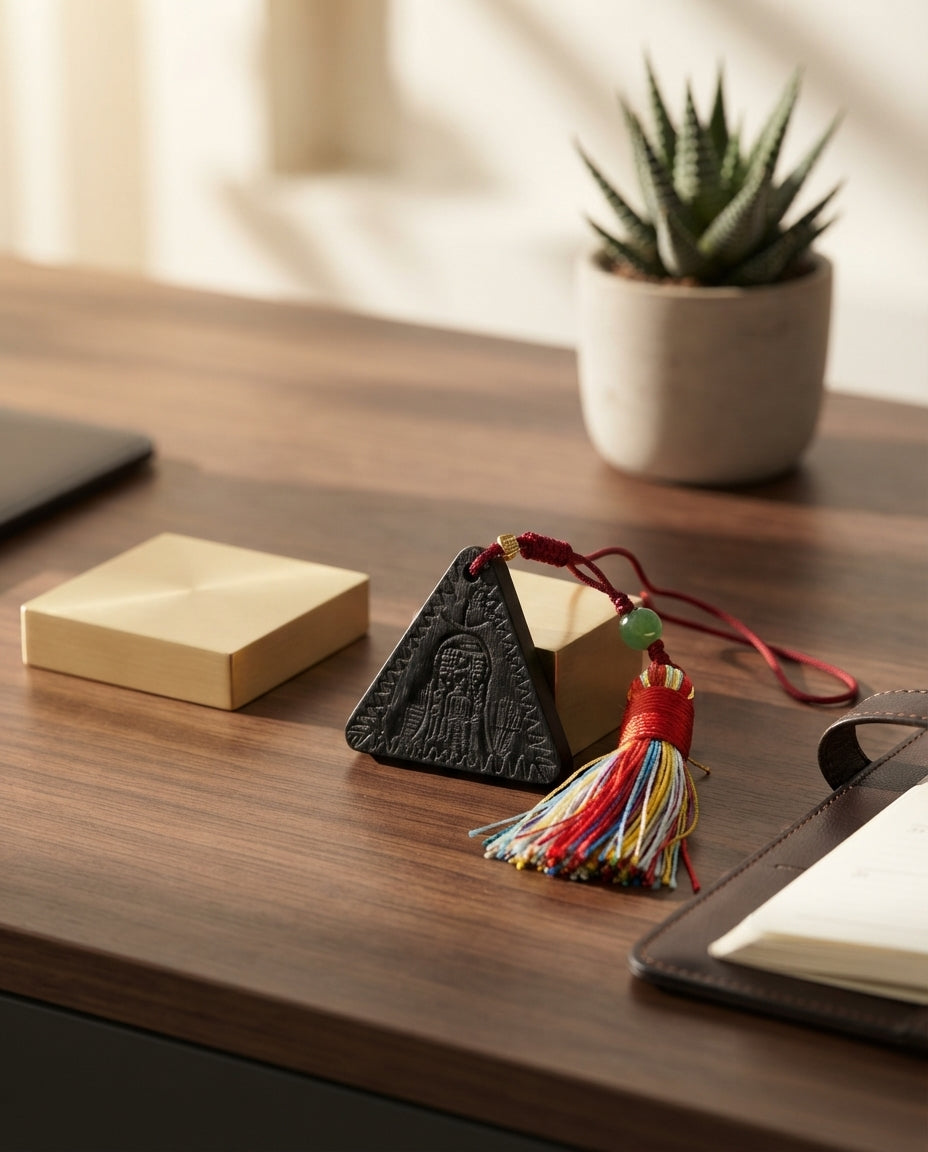 Natural Sandalwood Triangle Blessing Pendant – Traditional Chinese Wooden Charm for Peace, Balance & Positive Energy