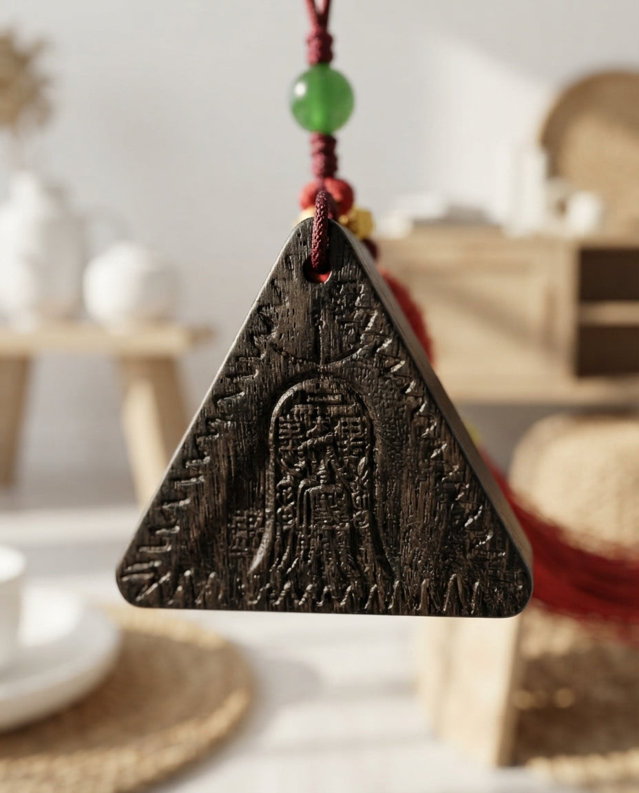 Natural Sandalwood Triangle Blessing Pendant – Traditional Chinese Wooden Charm for Peace, Balance & Positive Energy