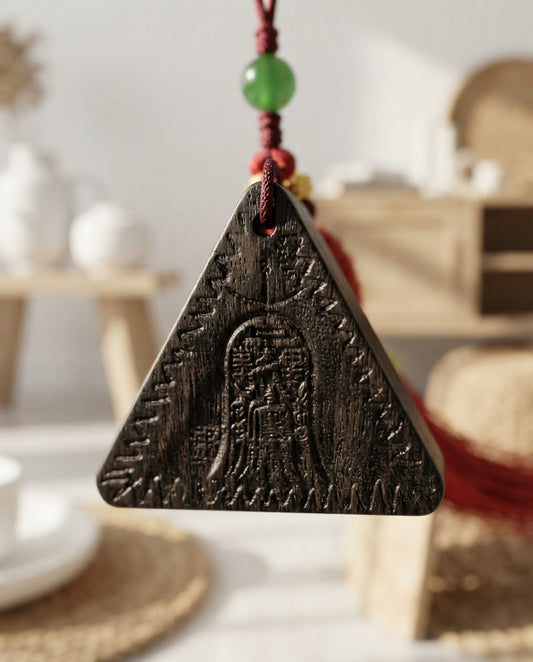 Natural Sandalwood Triangle Blessing Pendant – Traditional Chinese Wooden Charm for Peace, Balance & Positive Energy