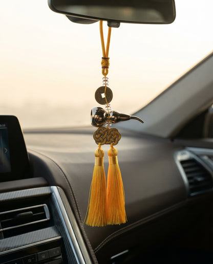 Taoist Titanium Gold Gourd Five Emperor Coins Double Tassel Charm – Feng Shui Wealth & Business Protection Hanging Ornament