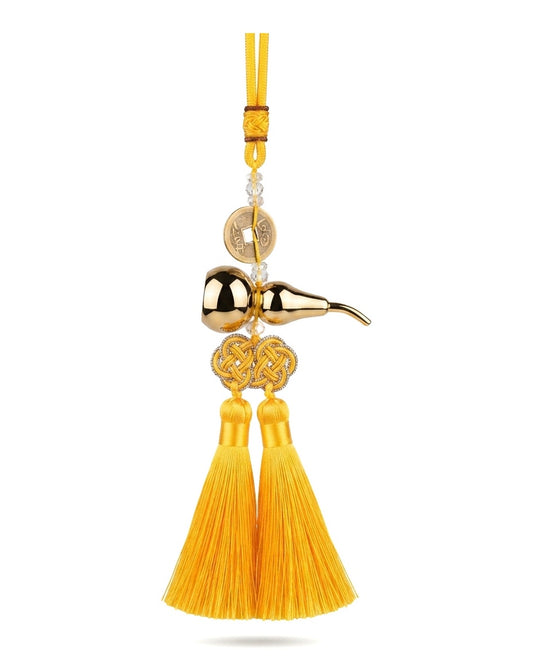 Taoist Titanium Gold Gourd Five Emperor Coins Double Tassel Charm – Feng Shui Wealth & Business Protection Hanging Ornament