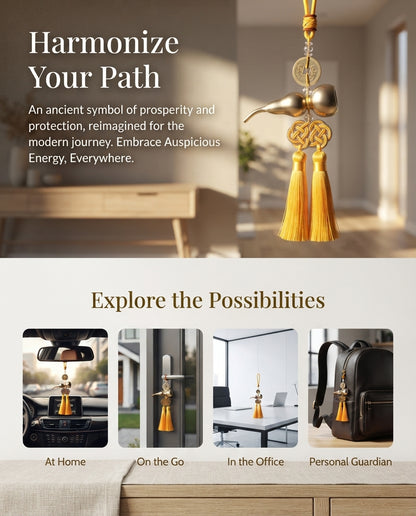 Taoist Titanium Gold Gourd Five Emperor Coins Double Tassel Charm – Feng Shui Wealth & Business Protection Hanging Ornament