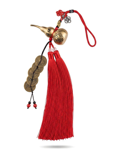 Chinese Taoist Feng Shui Titanium Gold Gourd with Five Emperor Coins Charm – Business Success, Wealth Luck, Protection & Five-Way Prosperity Amulet