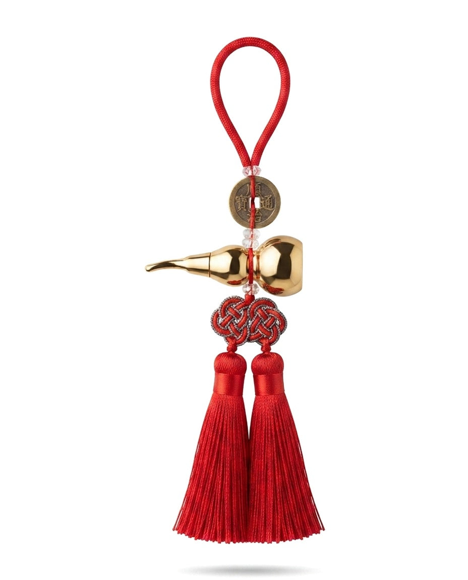 Taoist Titanium Gold Gourd Five Emperor Coins Double Tassel Charm – Feng Shui Wealth & Business Protection Hanging Ornament