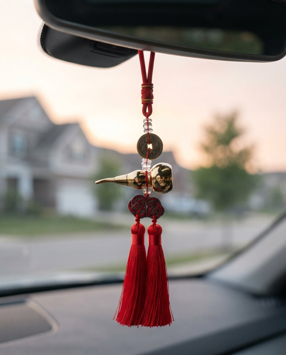 Taoist Titanium Gold Gourd Five Emperor Coins Double Tassel Charm – Feng Shui Wealth & Business Protection Hanging Ornament