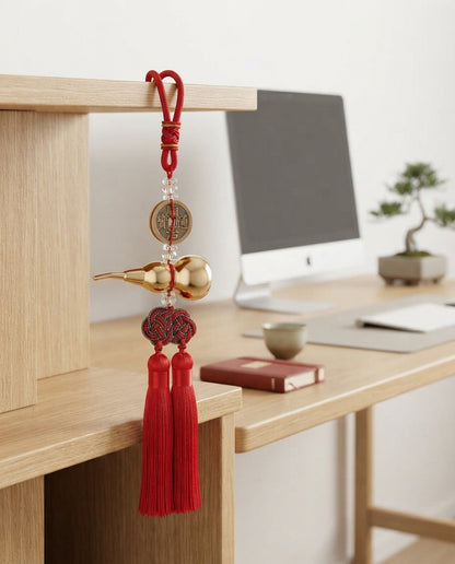 Taoist Titanium Gold Gourd Five Emperor Coins Double Tassel Charm – Feng Shui Wealth & Business Protection Hanging Ornament
