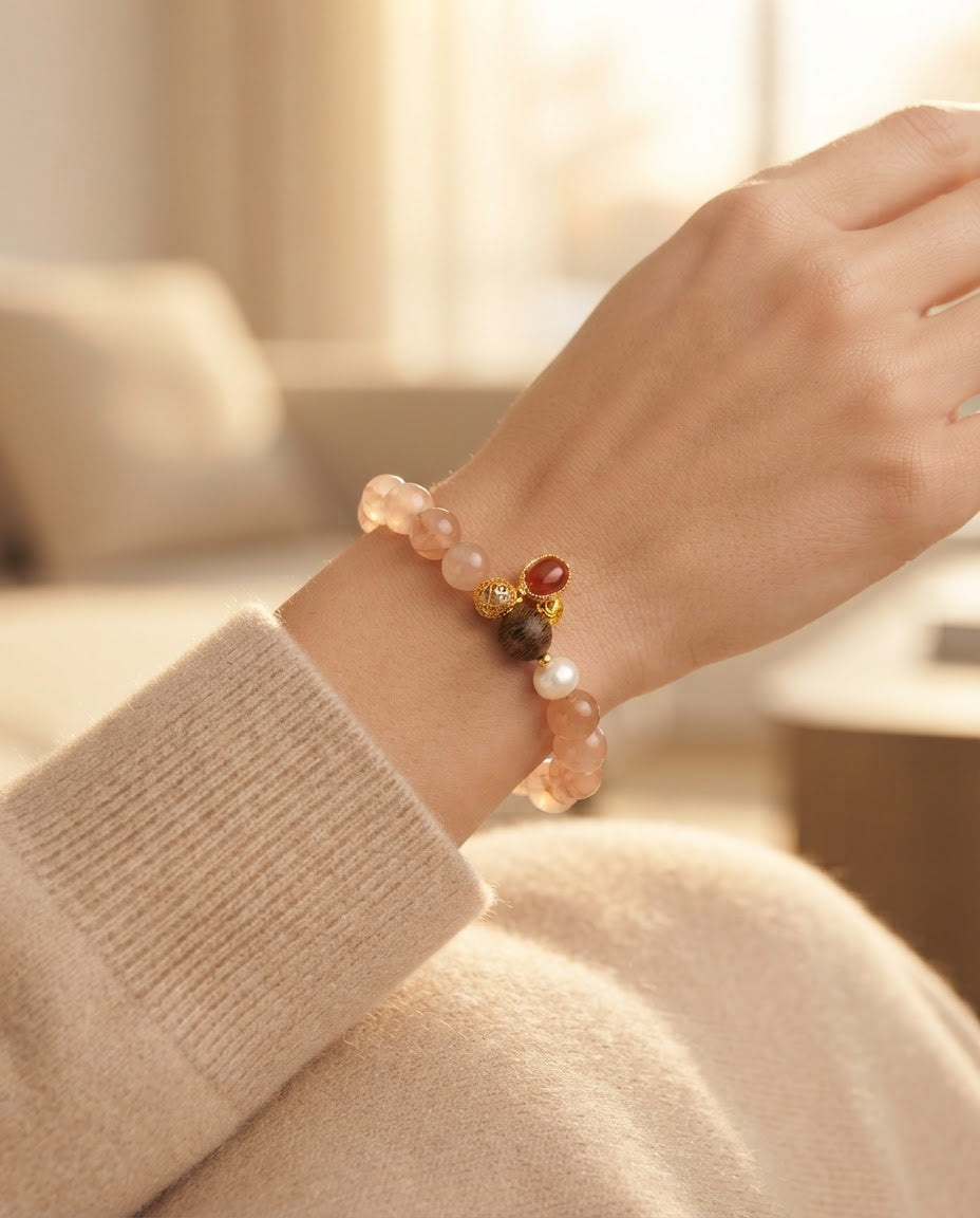 Peach Blossom & Five Blessings Wealth Bracelet – Natural Crystal Bracelet for Love, Prosperity & Positive Energy