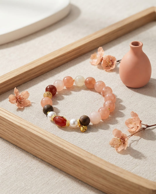 Peach Blossom & Five Blessings Wealth Bracelet – Natural Crystal Bracelet for Love, Prosperity & Positive Energy