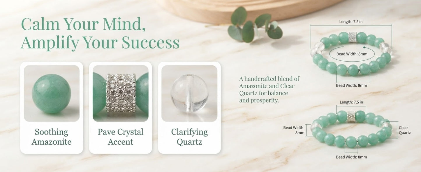 Amazonite & Clear Quartz Bracelet – Natural Crystal Bracelet for Calm Communication, Career Growth & Positive Energy