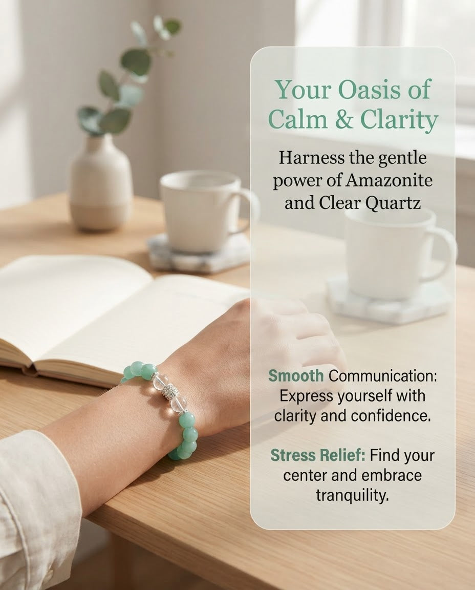 Amazonite & Clear Quartz Bracelet – Natural Crystal Bracelet for Calm Communication, Career Growth & Positive Energy