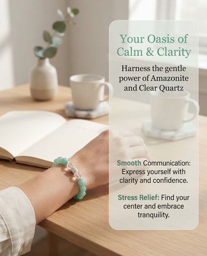 Amazonite & Clear Quartz Bracelet – Natural Crystal Bracelet for Calm Communication, Career Growth & Positive Energy