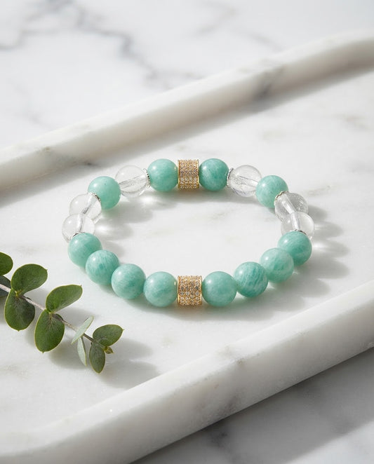 Amazonite & Clear Quartz Bracelet – Natural Crystal Bracelet for Calm Communication, Career Growth & Positive Energy