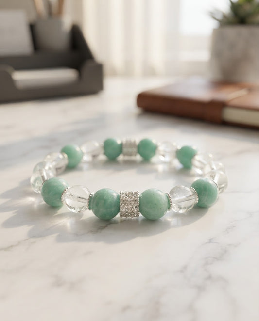Amazonite & Clear Quartz Bracelet – Natural Crystal Bracelet for Calm Communication, Career Growth & Positive Energy