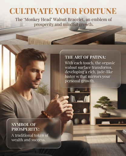 Golden Monkey Head Walnut Bracelet – Natural Round Walnut Bead Bracelet for Success, Prosperity & Personal Growt