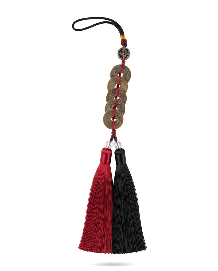 Chinese Taoist Feng Shui Five Dynasty Ancient Coins Charm with Double Tassels – Protection, Wealth Luck, Energy Balance & Obstacle Clearing Amulet