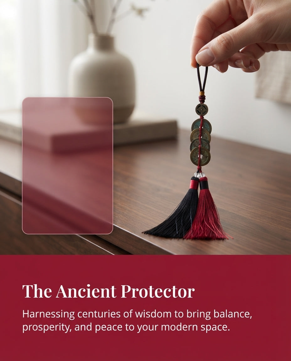 Chinese Taoist Feng Shui Five Dynasty Ancient Coins Charm with Double Tassels – Protection, Wealth Luck, Energy Balance & Obstacle Clearing Amulet