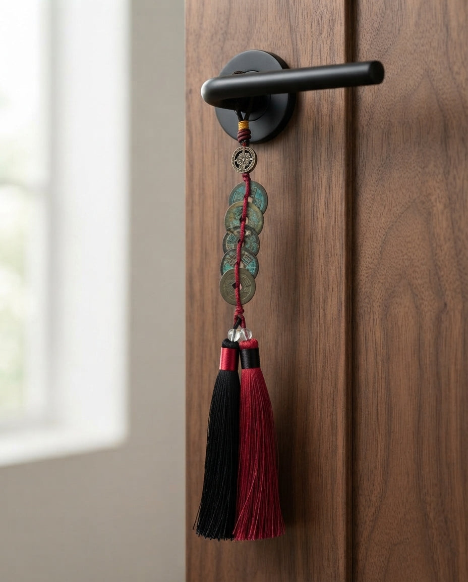 Chinese Taoist Feng Shui Five Dynasty Ancient Coins Charm with Double Tassels – Protection, Wealth Luck, Energy Balance & Obstacle Clearing Amulet