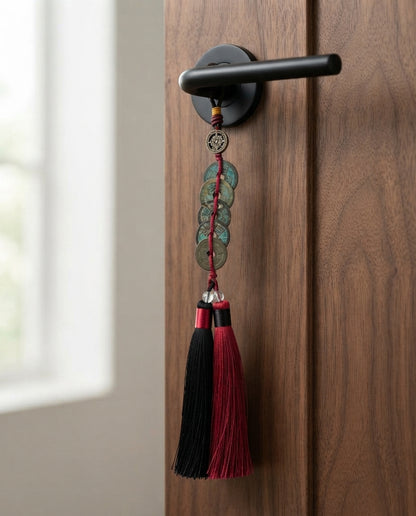 Chinese Taoist Feng Shui Five Dynasty Ancient Coins Charm with Double Tassels – Protection, Wealth Luck, Energy Balance & Obstacle Clearing Amulet