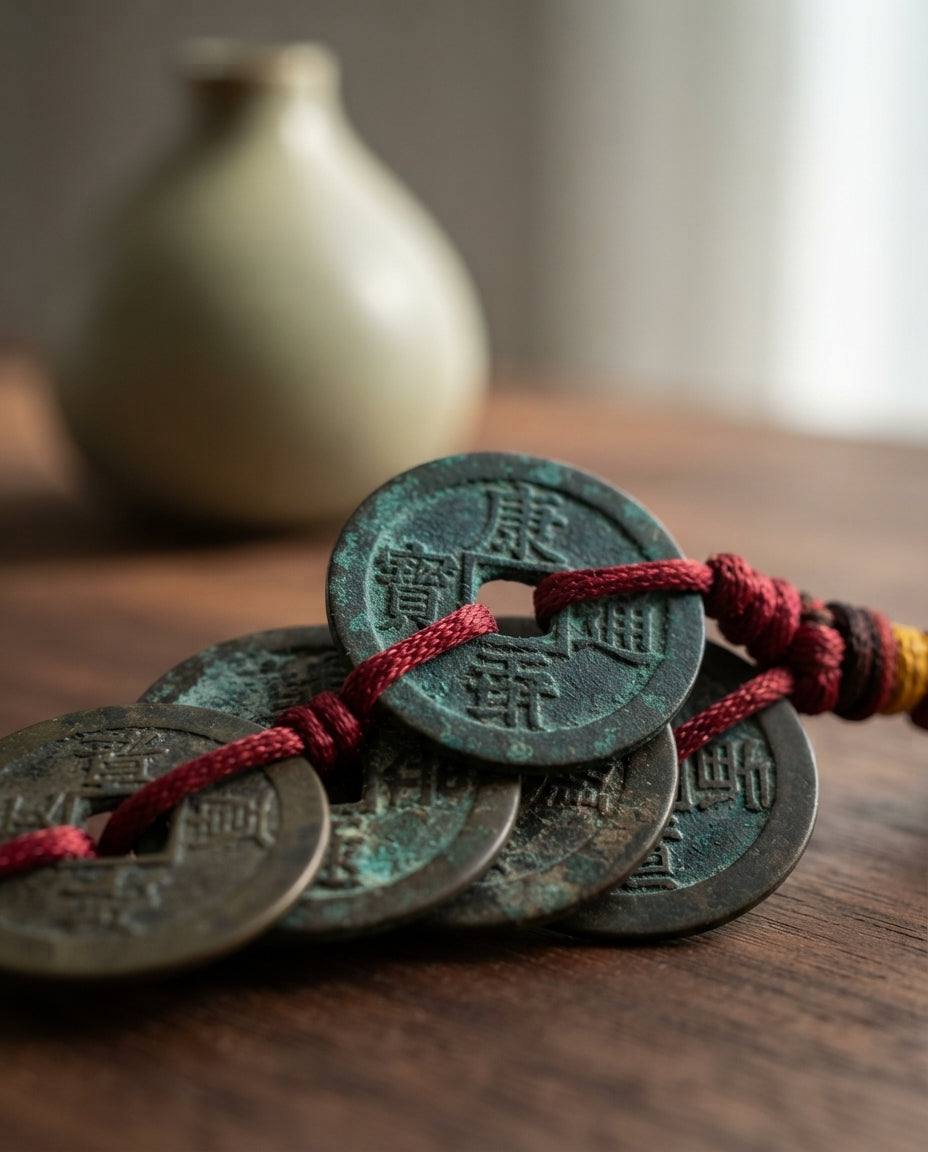 Chinese Taoist Feng Shui Five Dynasty Ancient Coins Charm with Double Tassels – Protection, Wealth Luck, Energy Balance & Obstacle Clearing Amulet