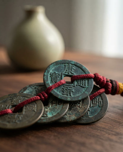 Chinese Taoist Feng Shui Five Dynasty Ancient Coins Charm with Double Tassels – Protection, Wealth Luck, Energy Balance & Obstacle Clearing Amulet