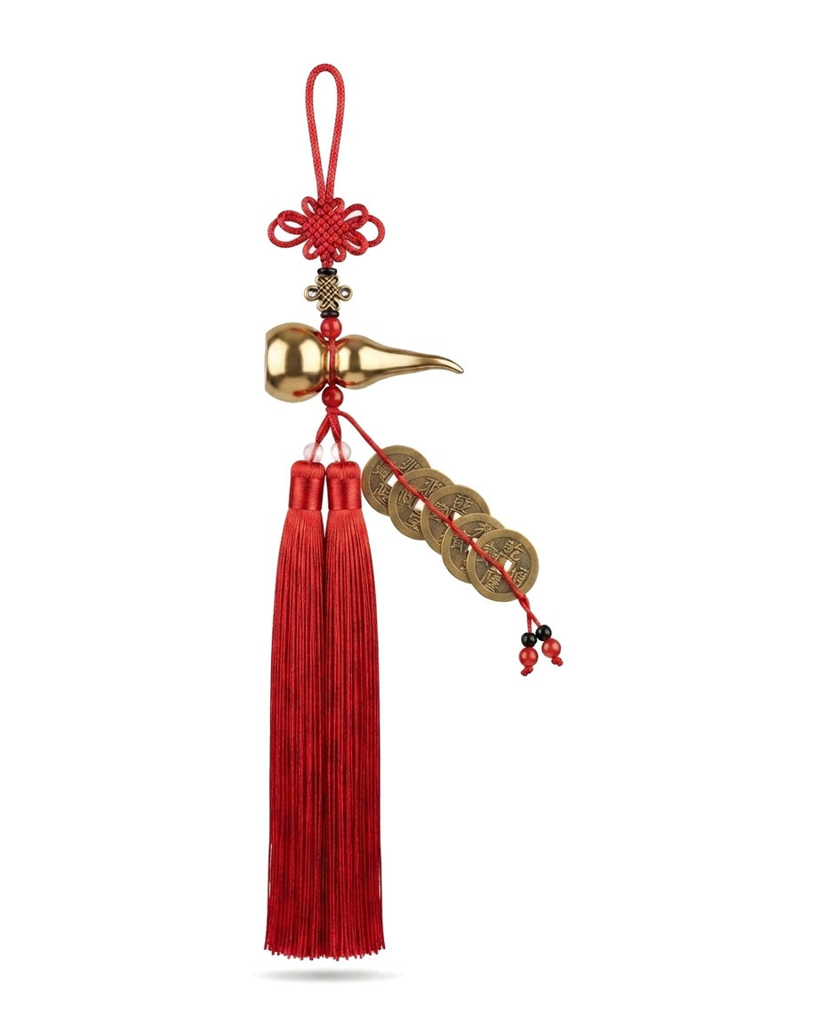 Chinese Taoist Feng Shui Titanium Gold Gourd with Five Emperor Coins Charm – Business Success, Wealth Luck, Protection & Five-Way Prosperity Amulet