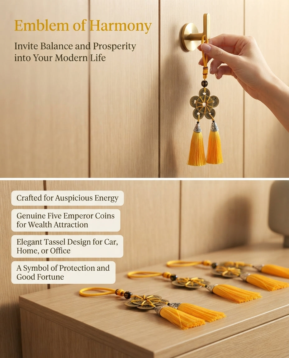 Taoist Five Emperor Coins Plum Blossom Double Tassel Charm – Feng Shui Home Protection, Wealth & Energy Balance Ornament