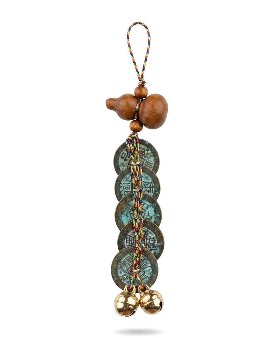 Taoist Peach Wood Gourd Five Emperor Coins Bell Charm – Feng Shui Protection & Wealth Luck Hanging Ornament