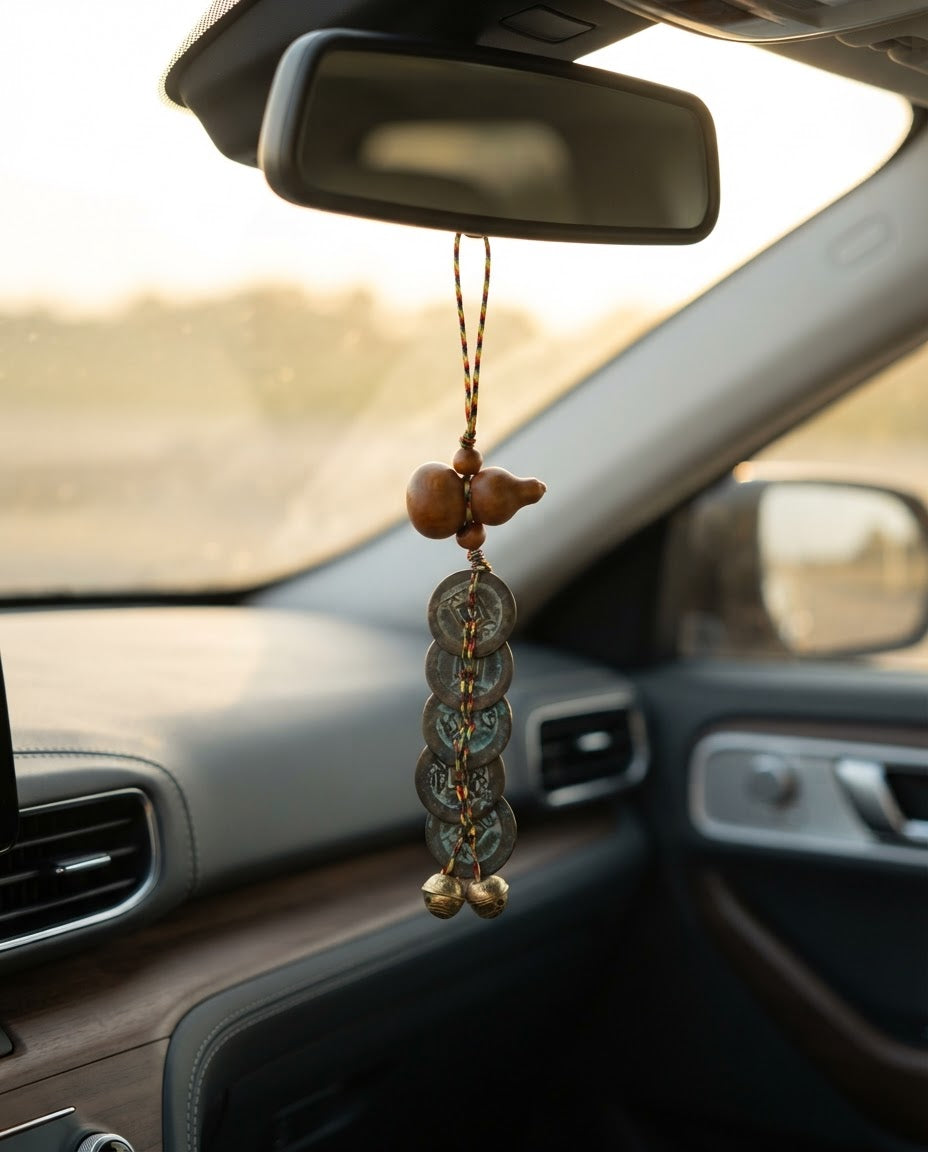 Taoist Peach Wood Gourd Five Emperor Coins Bell Charm – Feng Shui Protection & Wealth Luck Hanging Ornament