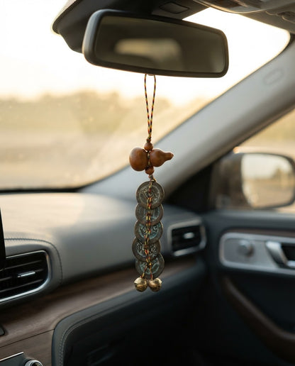 Taoist Peach Wood Gourd Five Emperor Coins Bell Charm – Feng Shui Protection & Wealth Luck Hanging Ornament