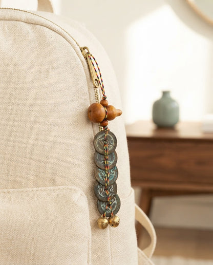 Taoist Peach Wood Gourd Five Emperor Coins Bell Charm – Feng Shui Protection & Wealth Luck Hanging Ornament