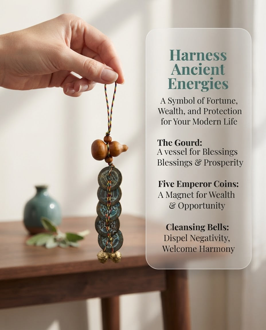 Taoist Peach Wood Gourd Five Emperor Coins Bell Charm – Feng Shui Protection & Wealth Luck Hanging Ornament