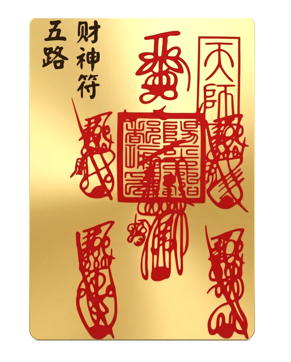 Taoist Five Wealth Deities Talisman – Soft Gold Foil Cinnabar Charm, Traditional Chinese Prosperity Symbol for Abundance, Luck & Success