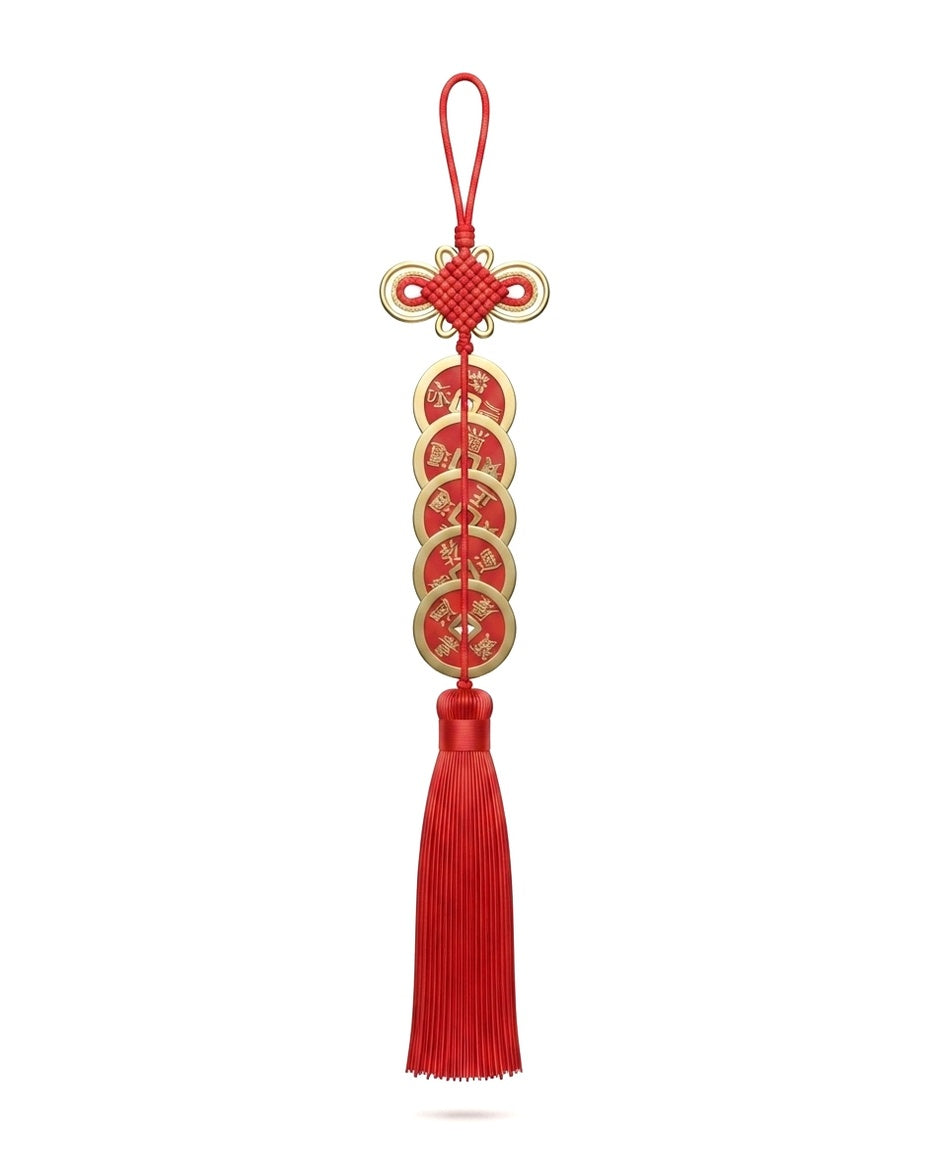 Chinese Taoist Feng Shui Fortune Knot Five Emperor Coins Charm with Double Tassel – Protection, Wealth Luck, Prosperity & Energy Harmony Amulet