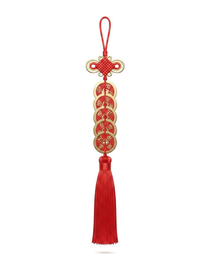 Chinese Taoist Feng Shui Fortune Knot Five Emperor Coins Charm with Double Tassel – Protection, Wealth Luck, Prosperity & Energy Harmony Amulet