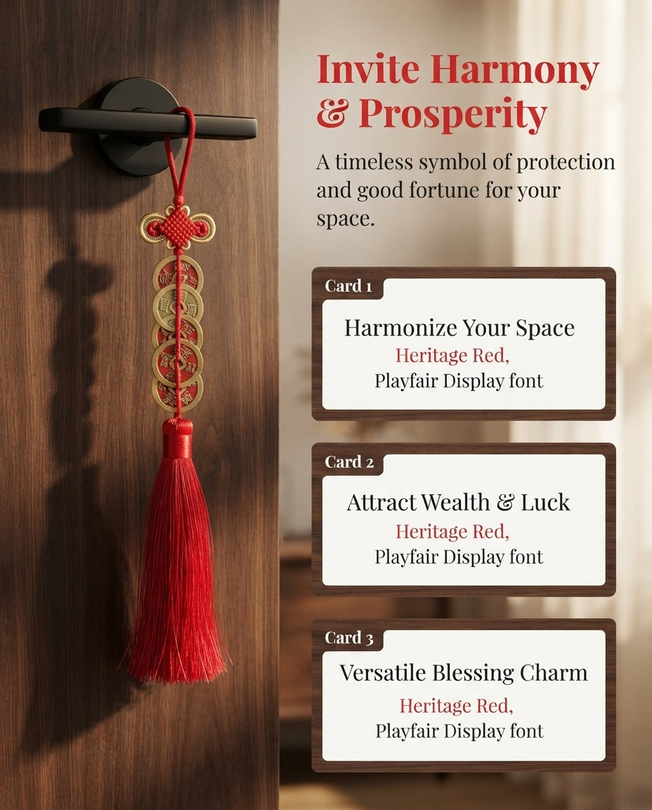 Chinese Taoist Feng Shui Fortune Knot Five Emperor Coins Charm with Double Tassel – Protection, Wealth Luck, Prosperity & Energy Harmony Amulet