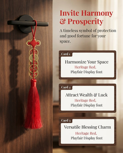 Chinese Taoist Feng Shui Fortune Knot Five Emperor Coins Charm with Double Tassel – Protection, Wealth Luck, Prosperity & Energy Harmony Amulet