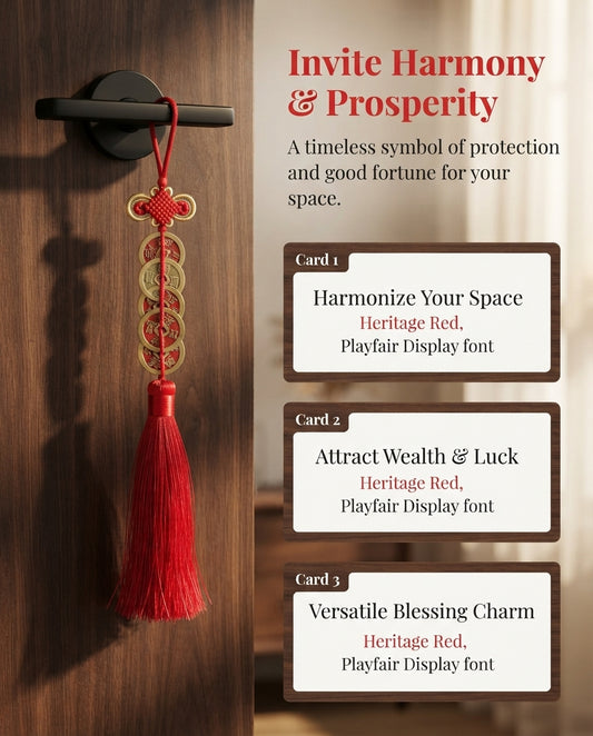 Chinese Taoist Feng Shui Fortune Knot Five Emperor Coins Charm with Double Tassel – Protection, Wealth Luck, Prosperity & Energy Harmony Amulet