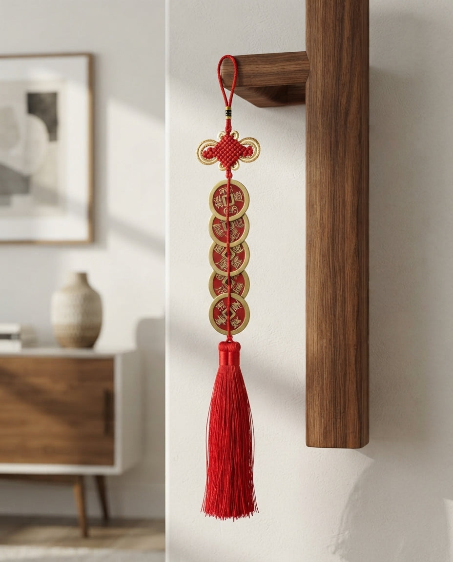 Chinese Taoist Feng Shui Fortune Knot Five Emperor Coins Charm with Double Tassel – Protection, Wealth Luck, Prosperity & Energy Harmony Amulet