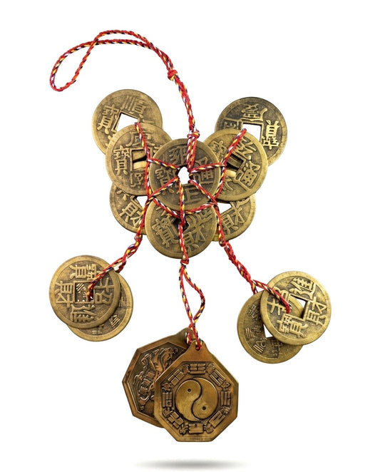 Taoist Five Color Cord Bagua Copper Coin Yuanbao Charm – Feng Shui Wealth, Protection & Balance Hanging Ornament
