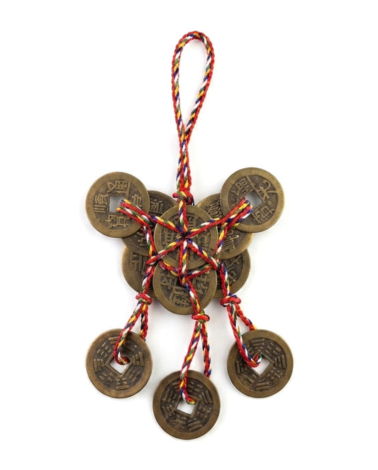 Taoist Five Color Cord Copper Coin Yuanbao Charm – Feng Shui Wealth, Career Success & Protection Hanging Ornament