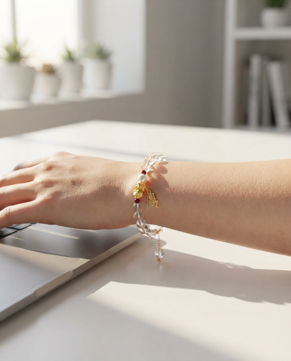 Clear Quartz Gold Foil Bear Bracelet – Natural Crystal Bracelet for Clarity, Protection & Prosperity Energy