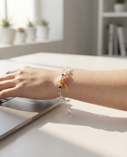 Clear Quartz Gold Foil Bear Bracelet – Natural Crystal Bracelet for Clarity, Protection & Prosperity Energy