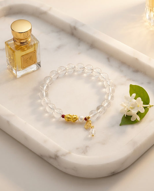 Clear Quartz Gold Foil Bear Bracelet – Natural Crystal Bracelet for Clarity, Protection & Prosperity Energy