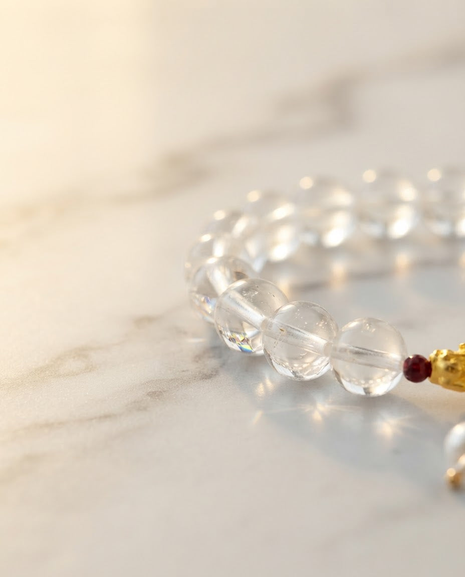 Clear Quartz Gold Foil Bear Bracelet – Natural Crystal Bracelet for Clarity, Protection & Prosperity Energy