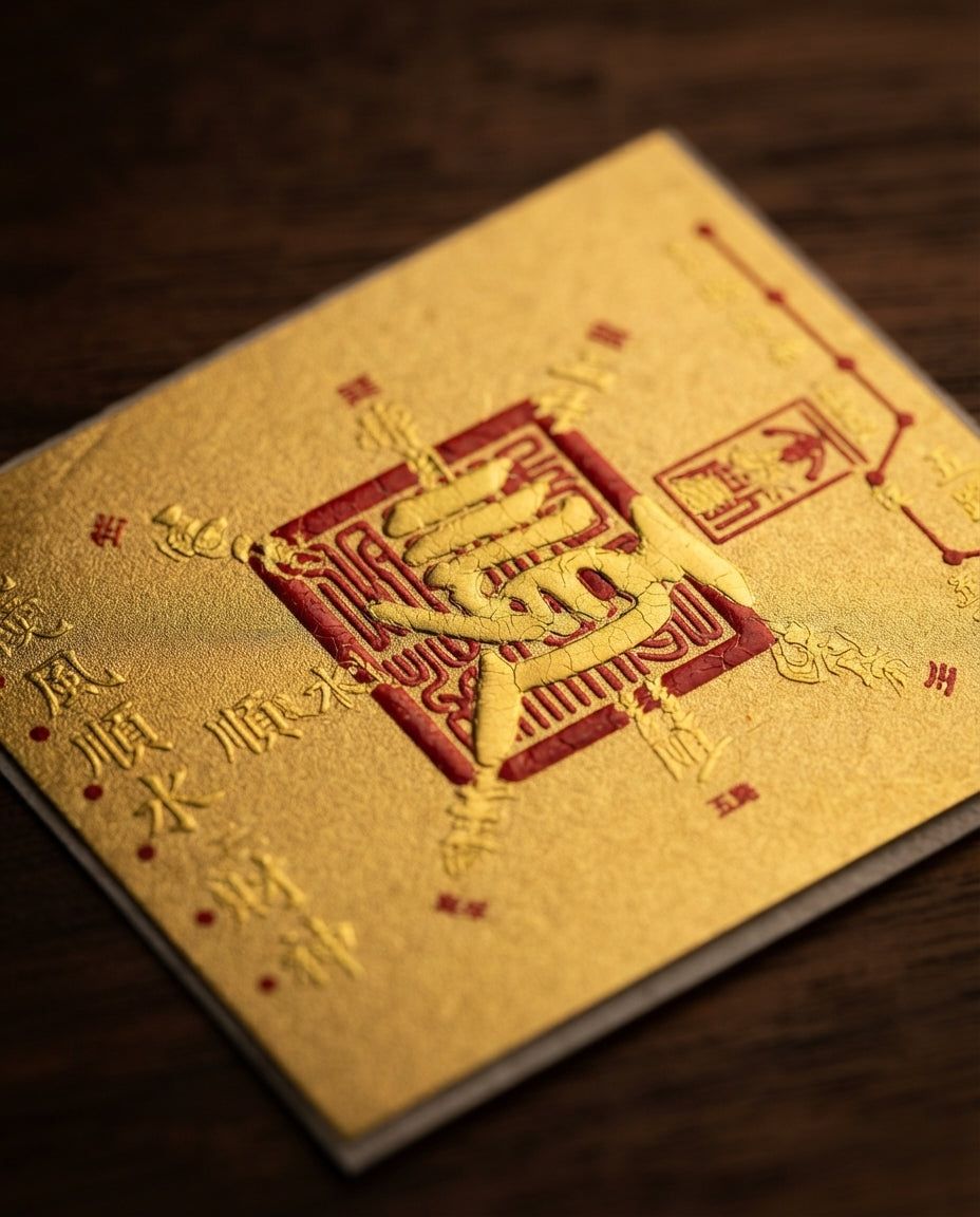 Taoist Golden Foil Eight Smooth Blessing Charm 3×3.6cm | Chinese Good Luck Talisman for Phone, Wallet & Workspace