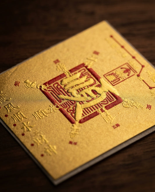 Taoist Golden Foil Eight Smooth Blessing Charm 3×3.6cm | Chinese Good Luck Talisman for Phone, Wallet & Workspace