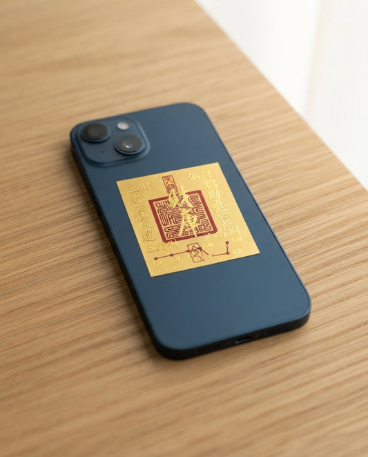 Taoist Golden Foil Wealth Vault Charm 3×3.5cm | Chinese Prosperity Talisman for Phone, Wallet & Office