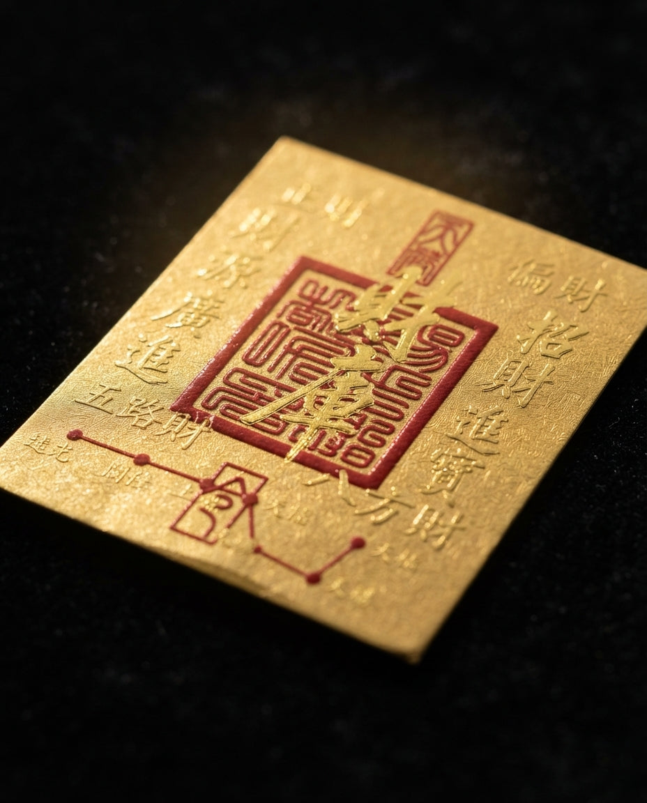 Taoist Golden Foil Wealth Vault Charm 3×3.5cm | Chinese Prosperity Talisman for Phone, Wallet & Office