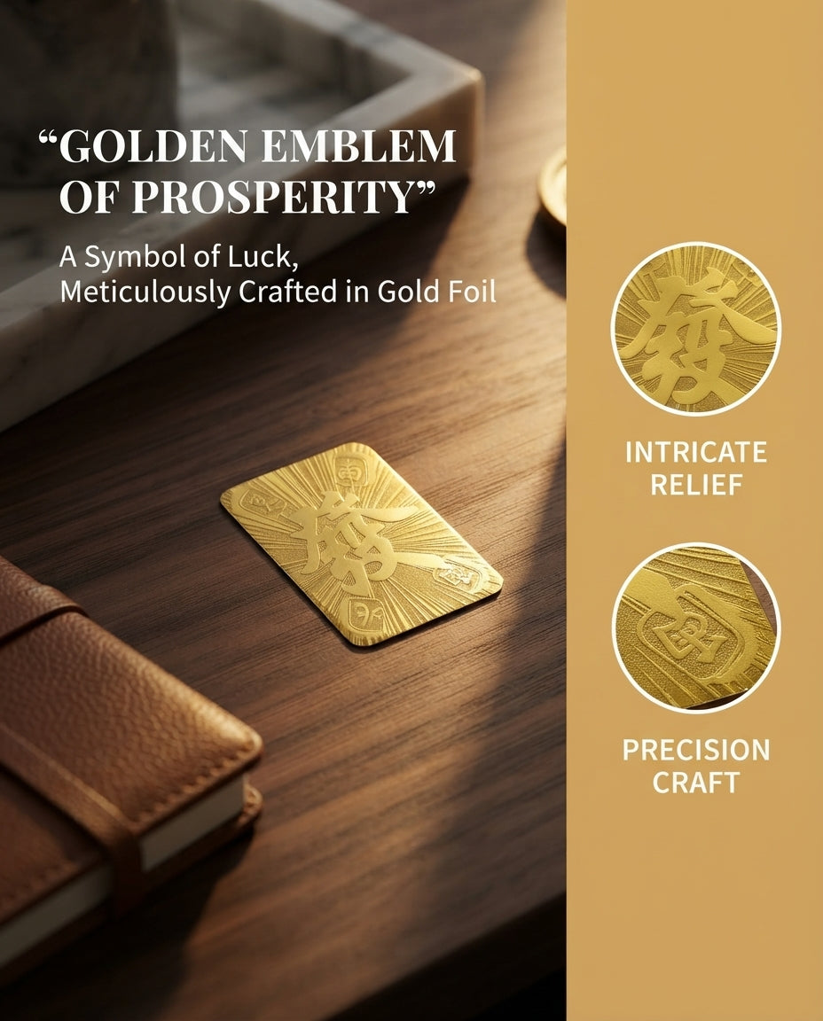 Taoist Golden Foil Four Seasons Wealth Charm 3×4cm | Chinese Prosperity Talisman for Phone, Wallet & Workspace